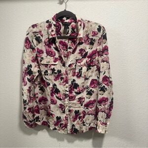 WHBM | Pink White Black | Floral Button Up Shirt | 100% Silk | 12